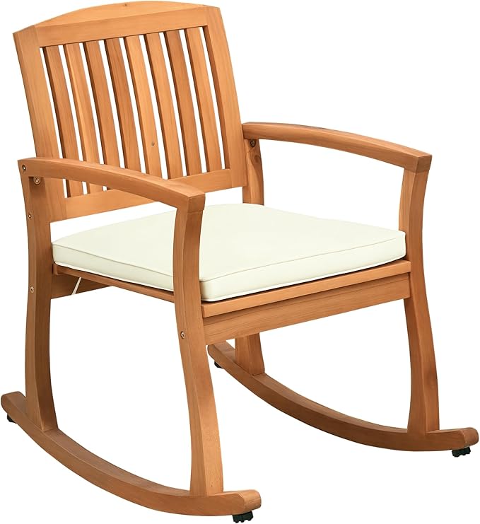 Outsunny Outdoor Rocking Chair with Cushion, Acacia Wood Patio Rocker for Backyard, Patio, Home, Teak Tone