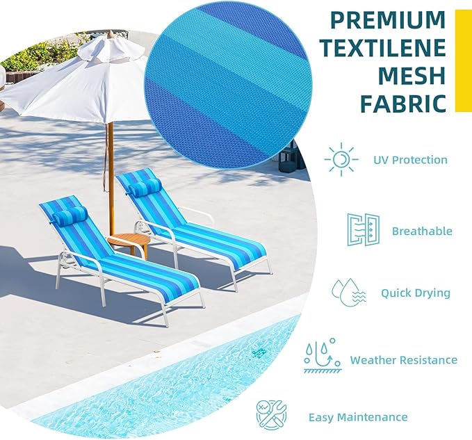 EROMMY Patio Chaise Lounge, Set of 2 Outdoor Lounge Chair, for Beach Pool Sunbathing Lawn Lounger Recliner Chiar Outside Tanning Chairs for All Weather