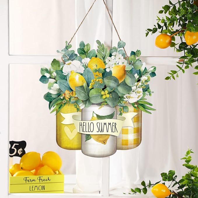 Karenhi Hello Summer Welcome Wooden Sign for Front Door Hello Wooden Hanger Summer Door Sign Wood Spring Hanging Decorations Farmhouse Porch Decor for Outdoor Housewarming Gift
