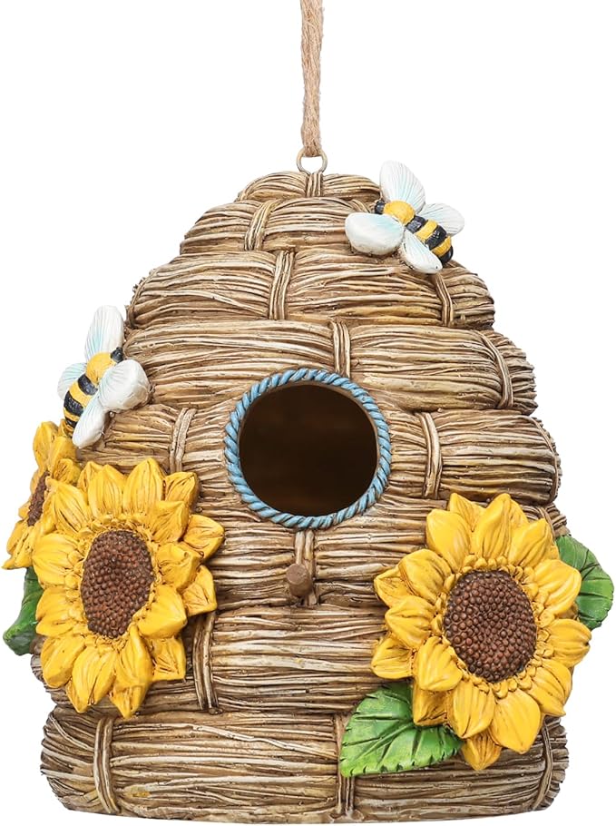 Resin Bird House for Outside, Birdhouses for Outdoors Bird Nesting, Decorative Bird Houses for Yard Garden Decor, Water Proof (Sunflower Thatch)