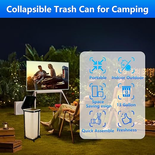 Foldable Trash Bag Holder with Cover and 4 Wheels - 3 Level Adjustable Height Plastic Trash Bag Holder,13 Gallon Trash can, for Kitchen Camping Yard RV Indoor Outdoor