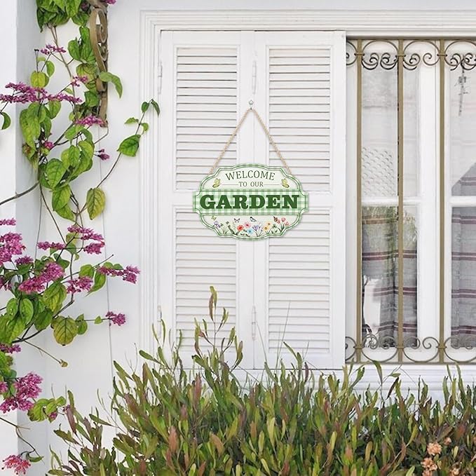 HOURIA 3D Welcome to Our Garden Wood Sign,(11.4”x8”) Gardening Yard Greenhouse Decor,Sage Green Gardening Sign, Flowers Butterfly Garden Decorations for Outside Indoor,Gardening Gifts