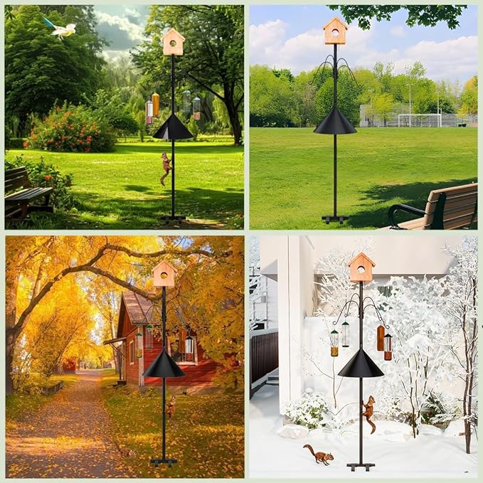 Bird Feeder Pole 93.31 Inch Feeding Station with Squirrel Proof Baffle Heavy Duty Metal Mounting Pole Stand with 4 Shepherd Hooks for Outdoor Decor Black (Bird House Not Included)