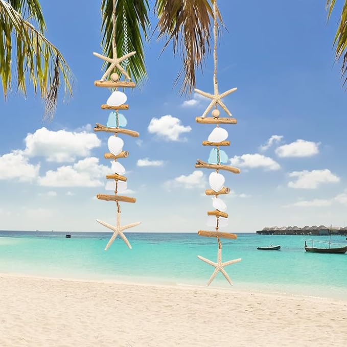 JQAQJU 2PCS Wooden Driftwood Wall Decor, Starfish Bathroom Decor with Sea Shells, Driftwood Beach Room Decor for Home Indoor Outdoor, Coastal Wall Art for Living Room, Bedroom and Dining Room Blue