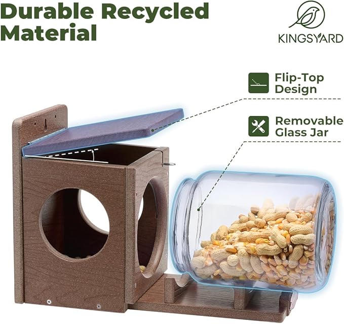 Kingsyard Recycled Plastic Squirrel Feeder for Outside, Squirrel Feeder Box with Peanuts Corn Storage Jar, Sturdy & Durable, Weatherproof (Brown)