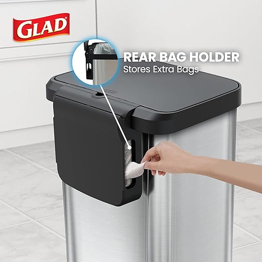 Glad 13-Gallon Stainless Steel Step Trash Can with Clorox Odor Protection, Soft Close Lid, Foot Pedal & Waste Bag Holder – Large Indoor Metal Garbage Bin for Kitchen, Home & Office Use