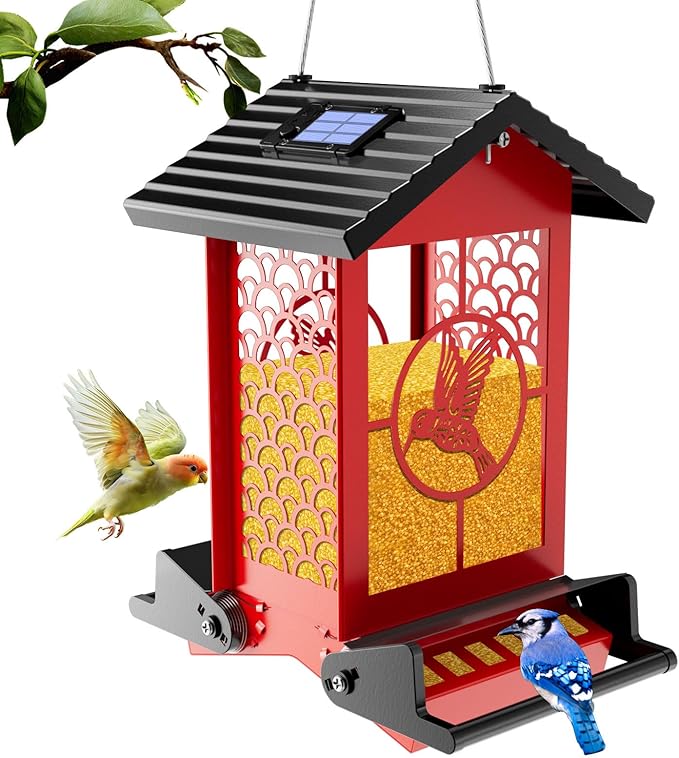 Squirrel Proof Bird Feeder for Outdoors Hanging with Solar Light, 5LB Capacity Metal Feeders, Bilateral Weight Activated Perches, Four Sided Hollow, Ideal for Bird Lovers