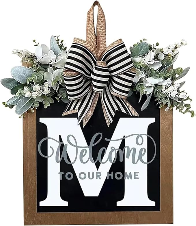 Last Name Porch Decor, Welcome Sign, 26 Letter Wreaths for Front Door, Spring & All Seasons Monogram (M)