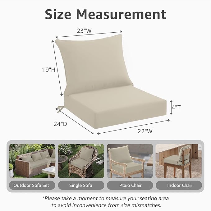 Outdoor Seat Cushion Set 22 x 24 x 4 Inch, Waterproof & Fade Resistant Patio Furniture Cushions with Removable Cover, Thick Deep Seating Pads for Outside Chair Sofa Couch