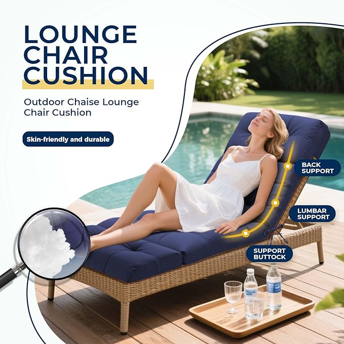Outdoor Chaise Lounge Chair Cushion 74.4 x 22 x 4.7 Inches Non-Slip Lounge Chair Cushions for Outdoor Furniture with Ties, Patio Recliner Thickened Lounge Cushions for Indoor, Blue