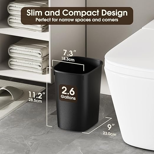 CEROELDA Small Bathroom Trash Can, 2.6 Gallon Slim Mini Garbage Can Small Trash Bin Plastic Waste Basket for Dorm Room, Bedroom, Office, Toilet (Black)