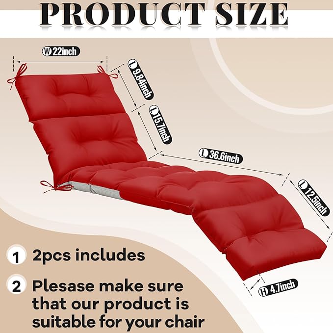 Kigley 2 Pcs Chaise Lounge Cushions 75 x 22 x 5 Inches Soft Lounge Chair Cushion Spring/Summer Seasonal Replacement for Outdoor Indoor Home Office (Red)