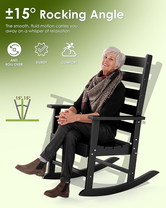 GREENVINES Outdoor-Rocking-Chairs-Set-of-4 | HDPE Plastic | Patio Rockers | Porch Rocker Chair | Shaker | Oversized | High Ladder Back | Big & Tall | PentaLuxe | Black