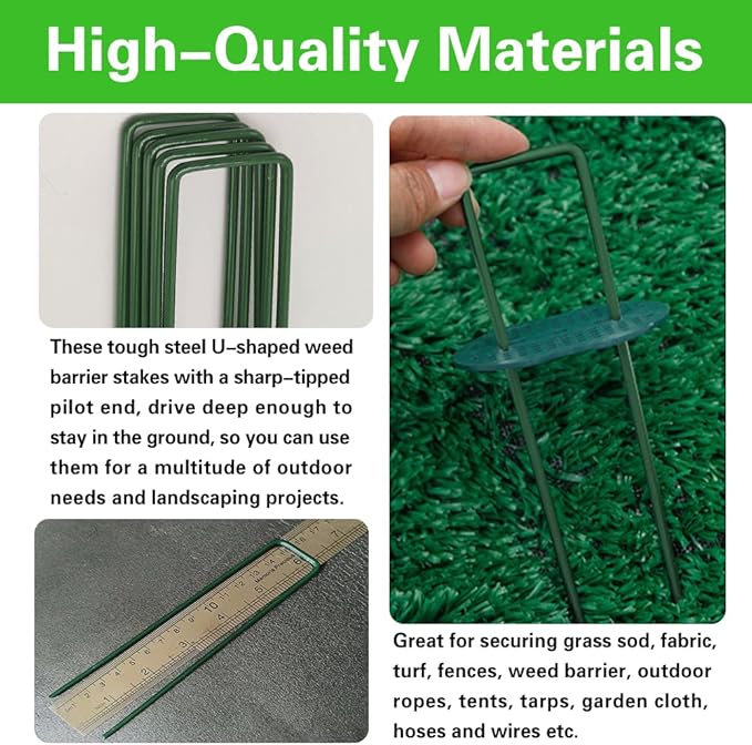 Bakulyor 100pcs Green Artificial Turf Stakes Staples + 100pcs Buffer Washer, 6 Inch 11 Gauge Landscape Staples, Galvanized Lawn Spikes, Heavy Duty Yard Ground Pin for Grass Weed Barrier Sod Fabric