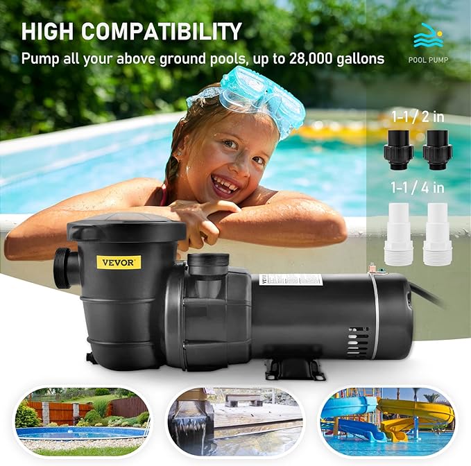 VEVOR Swimming Pool Pump, 1.5 HP 115 V, 1100 W Single Speed Pumps for Above Ground Pool w/Strainer Basket, 5280 GPH Max. Flow, Certification of ETL for Security