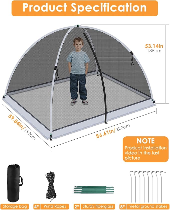 5 * 7ft Pond Cover Dome,Garden Pond Net Pond Mesh Tent with Ropes, Stakes and Fiberglass Poles, Pond and Garden Cover Protective Tent Dome Netting for Pond Pool and Garden