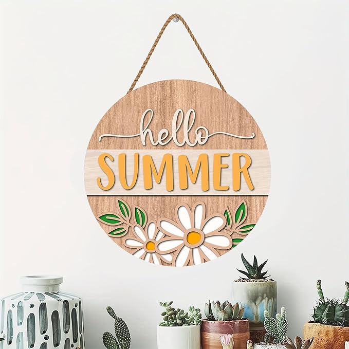 Hello Summer Welcome Door Sign Welcome Hello Summer Wooden Sign with Rope Door Hanger Wall Decoration Porch Decor Home Office Farmhouse Indoor Outdoor Wall Hanging Decoration