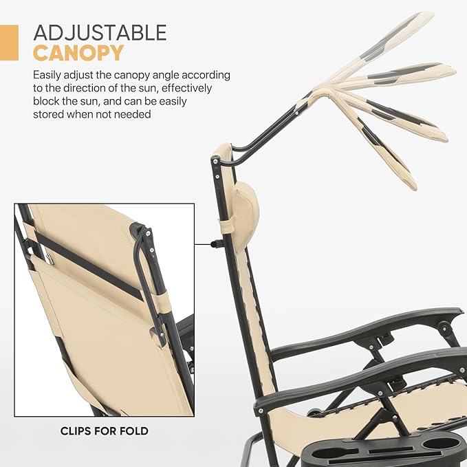Magshion Zero Gravity Lounge Chair with Canopy, Outdoor Foldable Patio Reclining Chair with Side Tray, Adjustable Anti-Gravity Recliner with Pillow Headrest, Lounger for Lawn Camping Beach