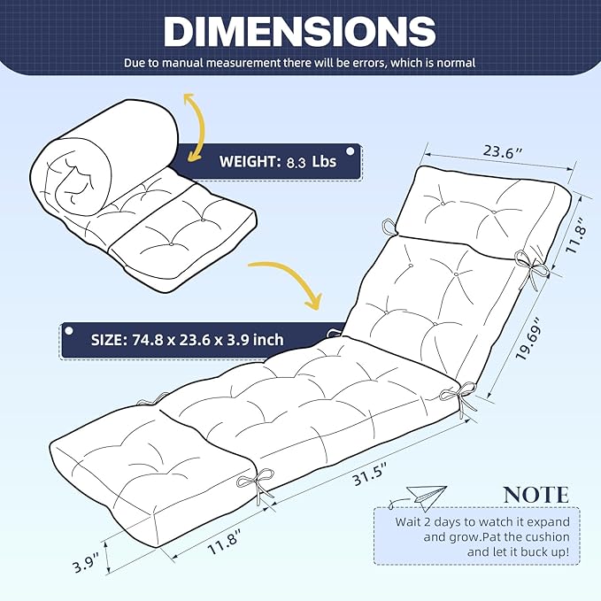 Outdoor Lounge Chair Cushion Waterproof Nave Blue Chaise Lounge Chair Cushions Replacment with Ties Non-Slip Folding Recliner Cushion for Indoor and Outdoor 75x24x3.9 Inch