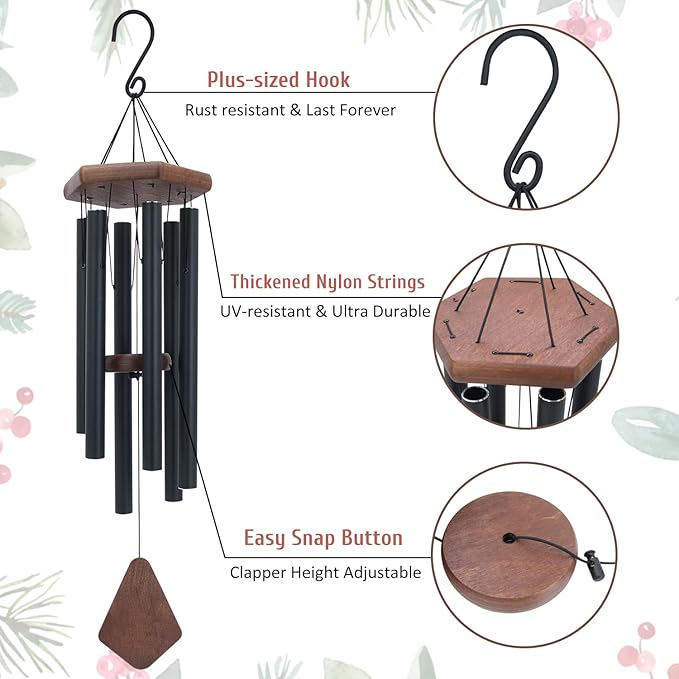 Wind Chimes for Outside, Black Aluminum Wind Chime with Wind Catcher, Garden & Patio Outdoor Decor, Deep Tone Tuned Windchimes, for Men and Women, Box Included