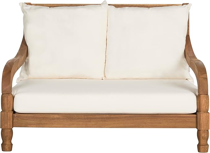 SAFAVIEH Outdoor Collection Pomona Natural Solid Wood/Beige Lounger Bench Sofa Loveseat (PAT6740A)