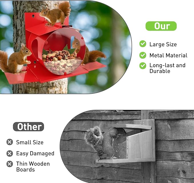 Metal Squirrel Feeders for Outside with Flip Lid Large Squirrel Houses for Outside Chipmunks, Wildlife Squirrel Feeder for Corn, Peanuts,Great Gift for Nature Lovers
