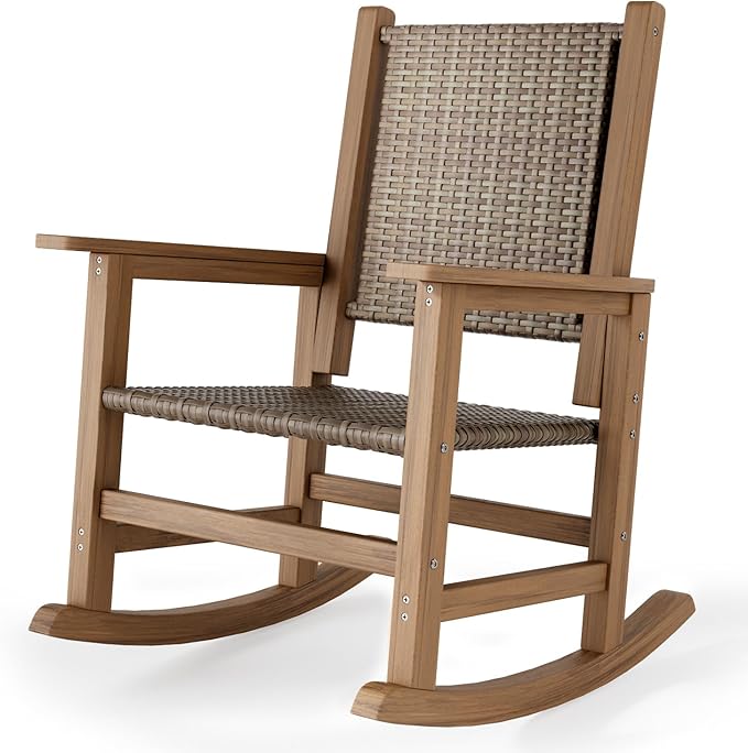 Rocking Chair Outdoor 1 PCS, Wicker Rocking Chair for Outside, Woven Seat & Back, All Weather Ratten Outdoor for Porch, Garden, Lawn, and Balcony (Brown)