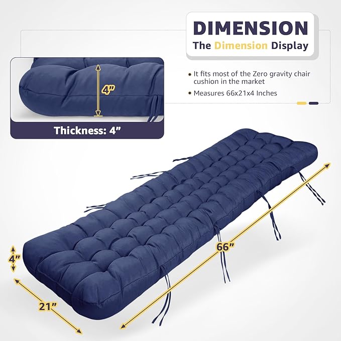 Patio Lounge Chair Cushion, Waterproof Zero Gravity Chair Cushions with Ties, 66x21x4 Inches Chaise Lounge Chair Cushion for Outdoor Indoor Furniture, Blue (Only Cushion)