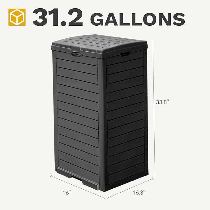 DWVO 38 Gallon Outdoor Trash Can with Lid & Drip Tray, Waterproof Hideaway Garbage Bin, Waste Container for Patio, Backyard, Deck, Garden, Easy Assembly & Clean (Black)