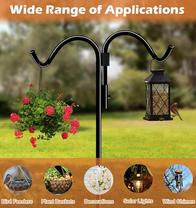 76 Inch Double Shepherds Hook for Outdoor with 5 Prong Base, Adjustable Heavy Duty Bird Feeder Pole for Hanging Flower Basket, Plant Hanger, Solar Light Lanterns, Black