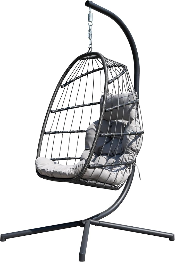 HWB Hanging Egg Chair with Stand, Patio Wicker Egg Swing Chair with Cushion for Bedroom Garden Indoor Outdoor (Grey)