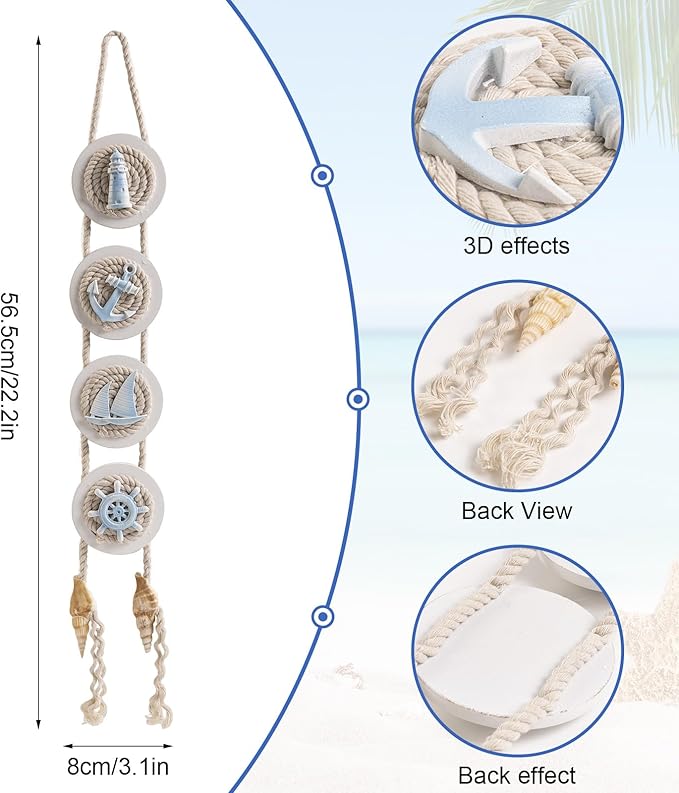 flangairy Coastal Wall Decor, 3D Lighthouse Anchor Seashell Sailboat Ship Wheel Beach Conch Wall Hanging Art, Nautical Ocean Beachy Themed Room Bathroom Decorations for Home