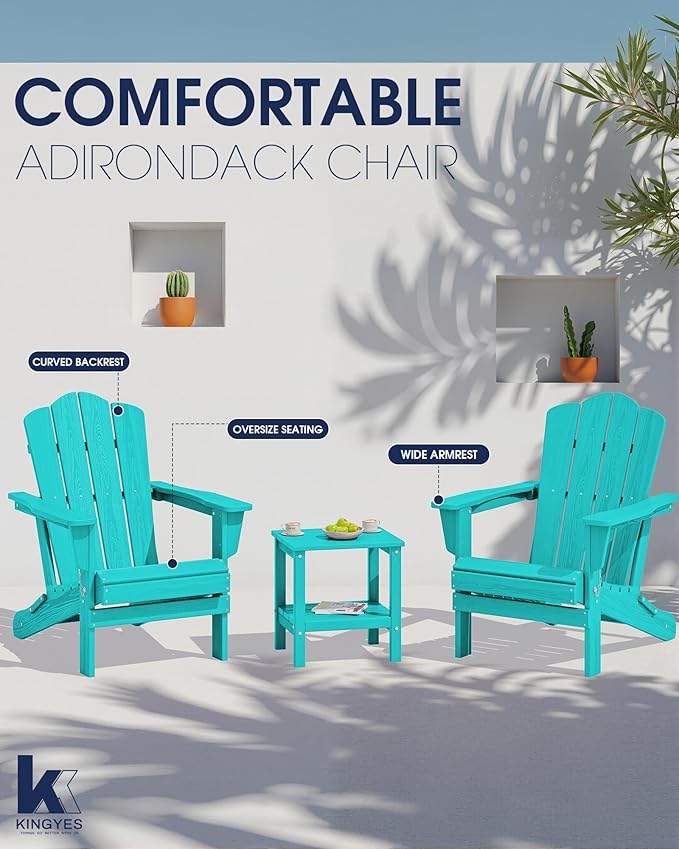 KINGYES Folding Adirondack Chair Set of 2, HDPE All-Weather Folding Adirondack Chair, Aruba