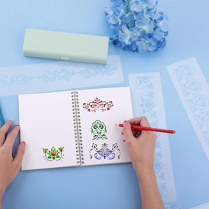 Prasacco 8-Piece Flower Border Stencils - Ornate Mandala Stencils for Painting on Wood, Canvas, Paper, Fabric, Cake, Wall