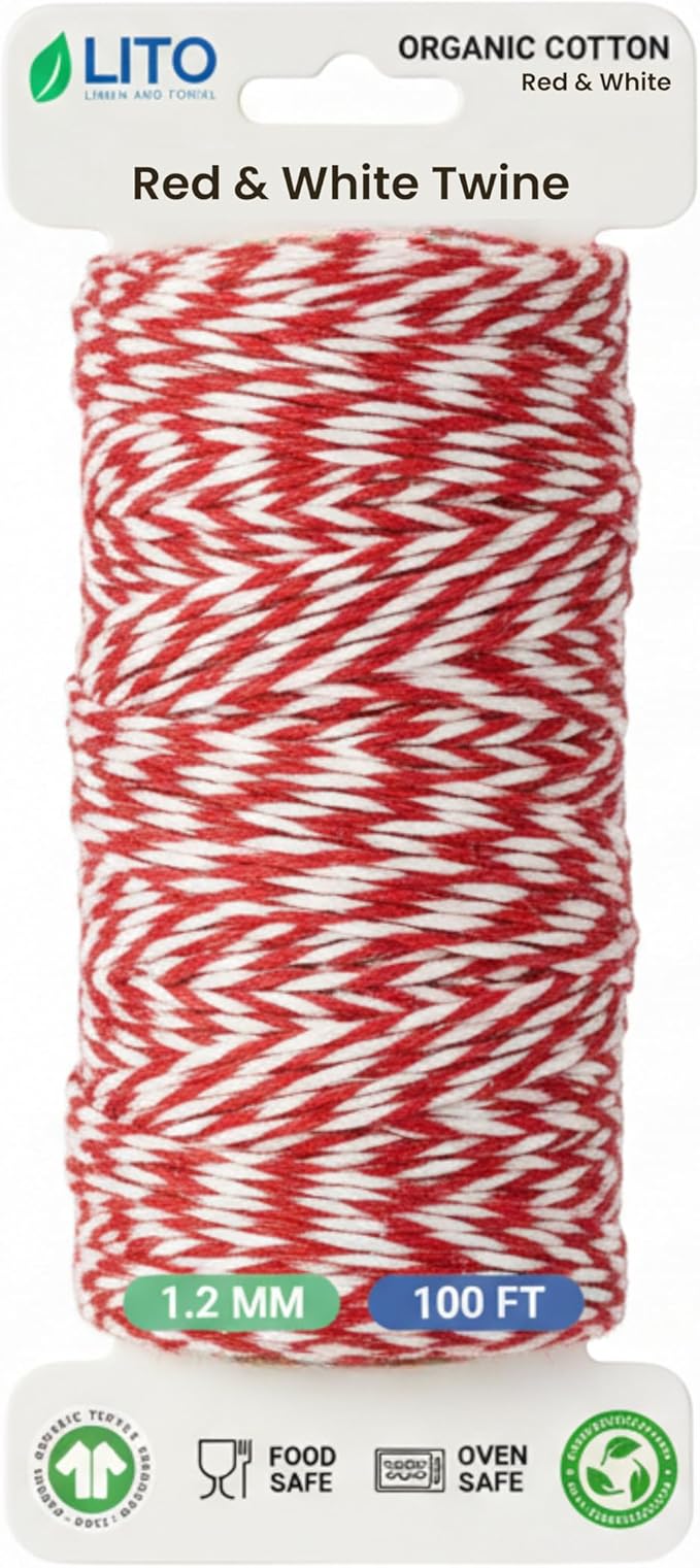 Natural Cotton Twine String for Trussing, Meat Prep, Baking, Crafting, 100 Yards (Red White, 100 FEET Pack of 1)