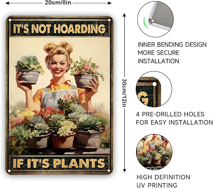 Garden Signs for Outside Funny Garden Metal Signs Outside Decor Women Plant Lover Gifts It's Not Hoarding If It's Plants 8x12in