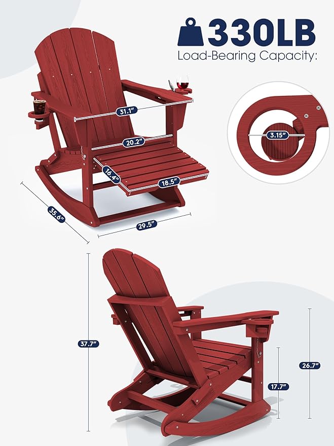 KINGYES Adirondack Rocking Chair Set of 2 with Retractable Ottoman and Cup Holders, HDPE Adirondack Rocker Patio Rocking Chair for Porch, Patio, Balcony, Burgundy Red