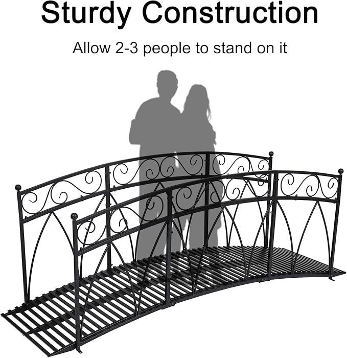 AIIT 8 FT Metal Garden Bridge – Heightened Patio Outdoor Bridge with Safety Guardrails, Decorative Landscaping Iron Footbridge for Backyard Creek Lawn Stream, Black