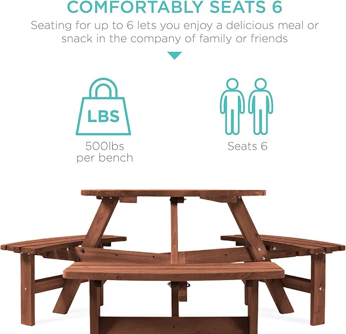 Best Choice Products 6-Person Circular Outdoor Wooden Picnic Table for Patio, Backyard, Garden, DIY w/ 3 Built-in Benches, 500lb Capacity - Walnut Brown