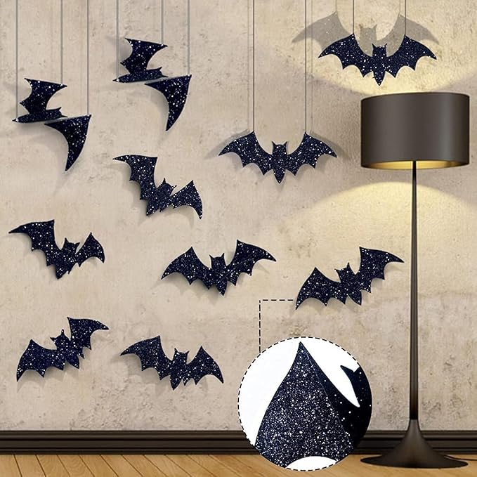 Halloween Decorations Outdoor: 10Pcs Hanging Bats Stickers Wall Decals Window Sticker, Large 3D Bats with glitter Removable Halloween Yard Front Door Porch Decoration Party Gothic Decor Indoor