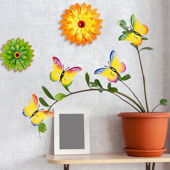 Gisafai 10 Pack Metal Flowers Wall Art Decor Outdoor, 3D 6 Pcs Daisy Flowers 4 Pcs Butterfly Metal Wall Art Fence Hanging for Fence, Patio, Garden, Backyard, Lawn, Balcony(Fashion)