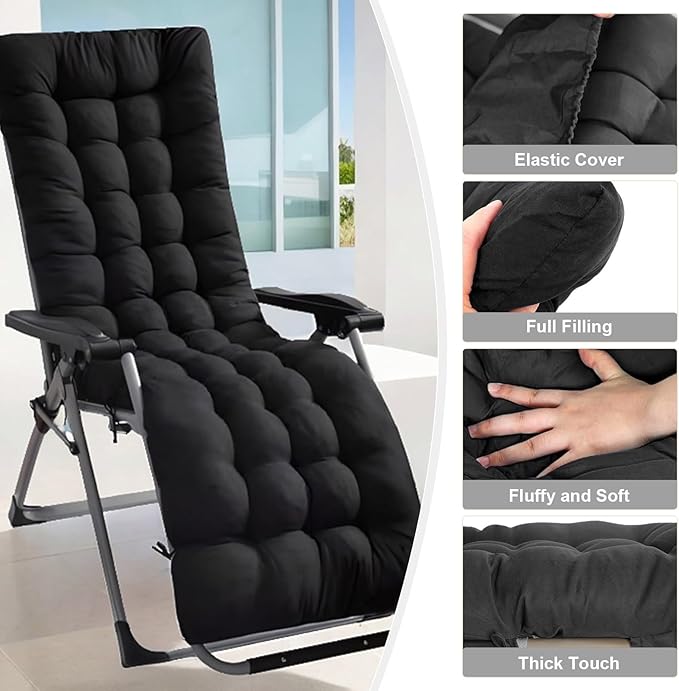 ERWUDEling Zero Gravity Lounge Chair Cushion Replacement 67 Inch, Thick & Soft Patio Furniture Cushion for Outdoor/Indoor Use, Waterproof Non-Slip with 6 Ties, Black (19 x 67 x 4 Inches)