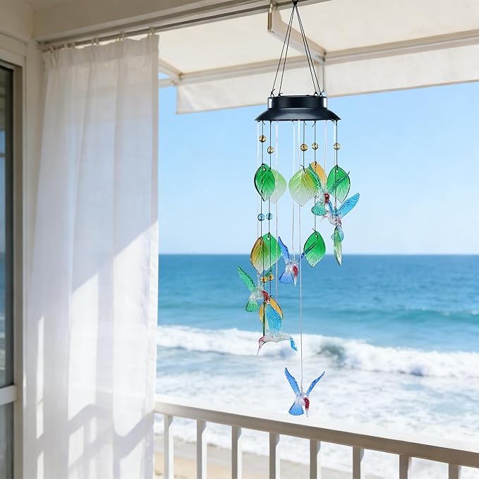 Colorful Hummingbird Wind Chimes with Solar-Powered Flashing Lights, 13 Inch Colorful Shell Hanging Decor for Outdoor Garden Patio Yard Home Indoor Outdoor Wall Window Decor