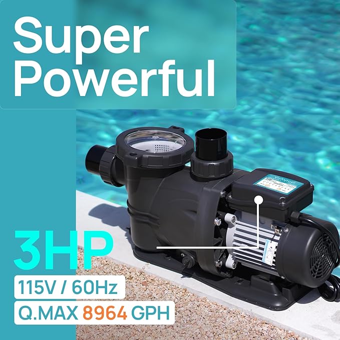 In/Above Ground Pool Pump, Self Primming High Flow (with Timer, 3HP, 8964 GPH, 115V)