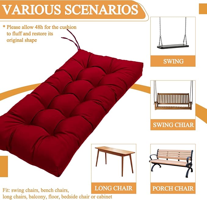 MTMR Water-Repellent Outdoor Bench Cushion-44X19 Inch Tufted Porch Swing Cushions with High Elasticity PP Cotton and Durable Ties, Thick Bench Seat Cushions for Patio Furnitures, Indoor Window Cushion