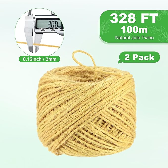 2-Pack Natural Jute Twine String, 3mm x 328ft/100m Long Garden Twine Balls for Crafts/Gift Wrapping/Gardening Plants, Durable Plant Ties Thick Rope [Light Yellow]