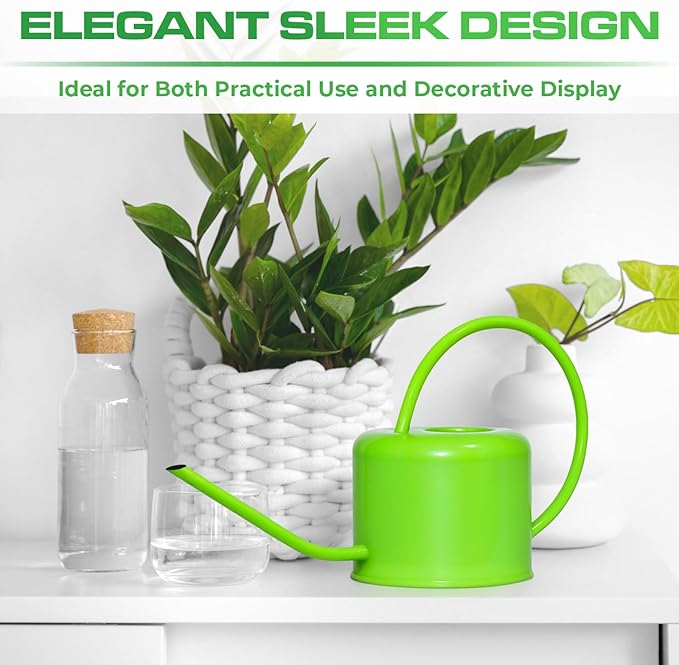 Plexon Long Spout Watering Can Indoor Plants, 40 oz Small Watering Can Pot Metal for Garden Flowers House Plants Mini, Powder Coated, for Mom Girlfriend Daughter, Green