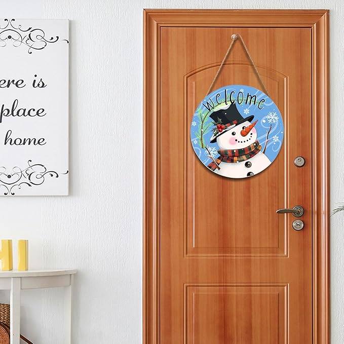 Welcome Snowman Blue Door Sign For Front Door Decor,Green Pine Branch Snowflakes Wooden Sign 12"x 12" Round Wood Hanging Door Sign Winter Decoration for Wall Rustic Decor