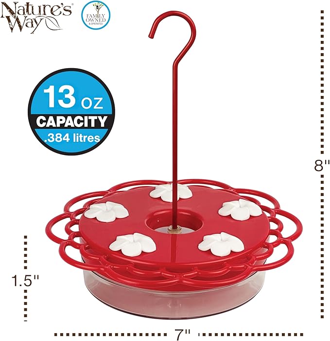 Nature's Way Plastic Hummingbird Feeder for Outdoor Decor, Hanging Feeder and Window Feeder, 13 Ounce Capacity Nectar Feeder, 5 Easy to Clean Flexible Ports, Red