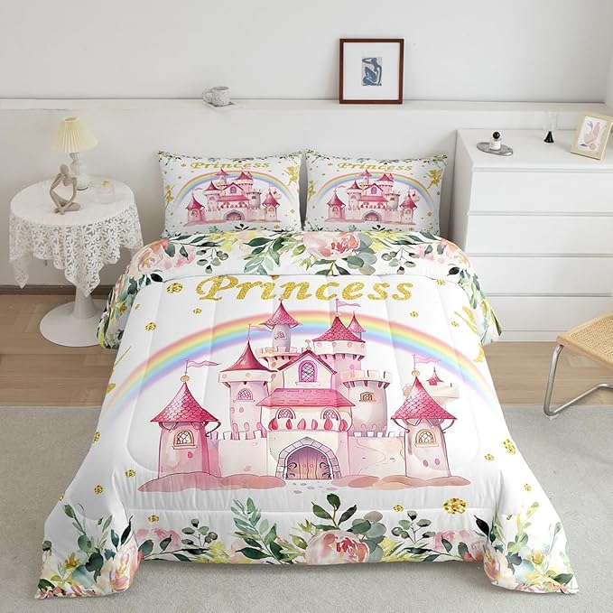 Erosebridal Princess Comforter Set King for Girls,Pink Fairy Castle Bedding Set,Fairy Garden Flowers Quilt Bed Set,Cute Rainbow Kids Comforter Sets Reversible,Gifts for Women Girls Bedroom Decor